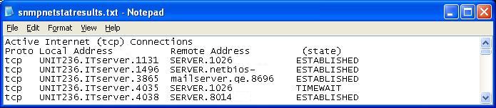 Results of SNMPNETSTAT: The first few open TCP ports and their remote hosts. Results of SNMPNETSTAT: The first few open TCP ports and their remote hosts.