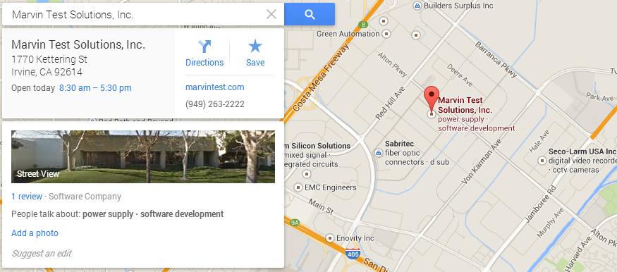 Map to Marvin Test Solutions, Inc. in Irvine, CA.
