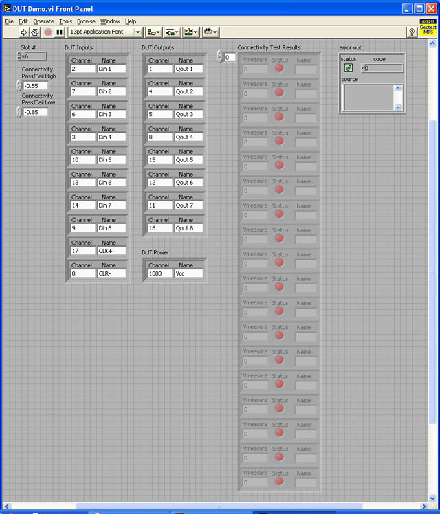 Figure 3:  LabVIEW Panel for testing DUT connectivity