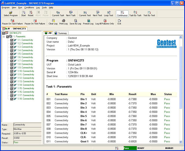 Figure 7:  Using the ATEasy Test Executive to control the GX5295 Connectivity test