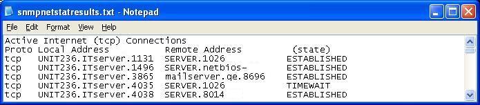 Results of SNMPNETSTAT: The first few open TCP ports and their remote hosts.