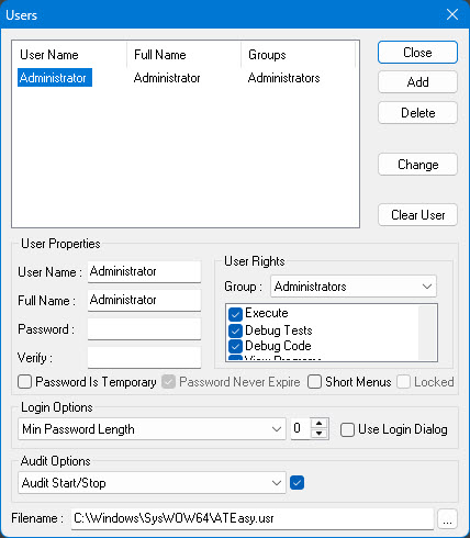 Users Dialog Box with Short Menus and Use Login Dialog Highlighted