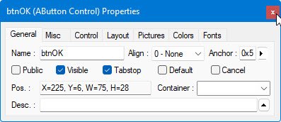 Properties window for radio button