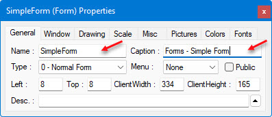 Form Example Properties Form Example Properties