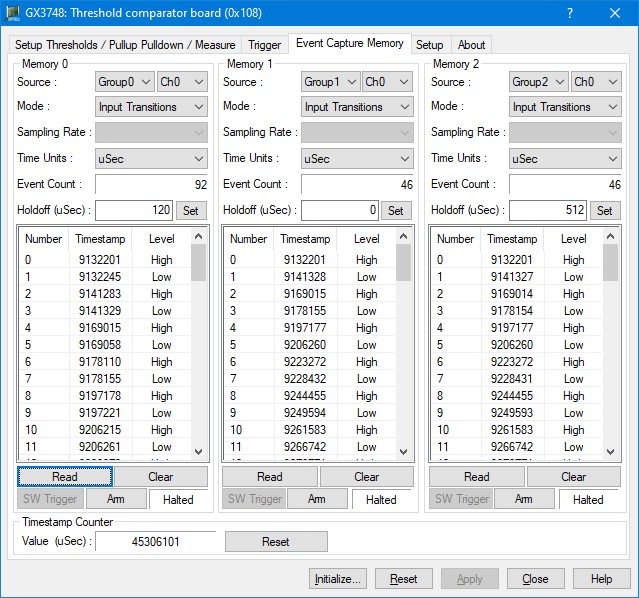 GX3722 Virtual Panel – Event Capture Memory page
