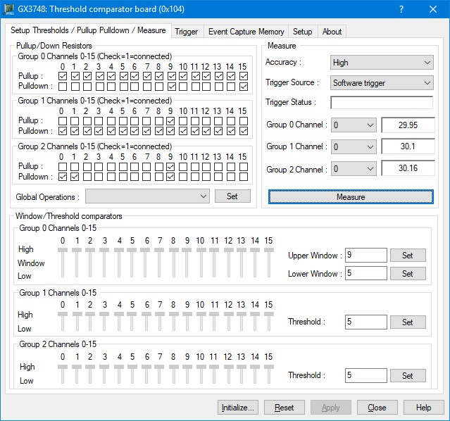 GX3748 Virtual Panel – Setup Thresholds/Pullup Pulldown/Measure page